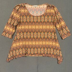 Wilde Womens 2X Medallion Print Sharkbite Hem Tunic Blouse 3/4 Sleeve Gypsy USA